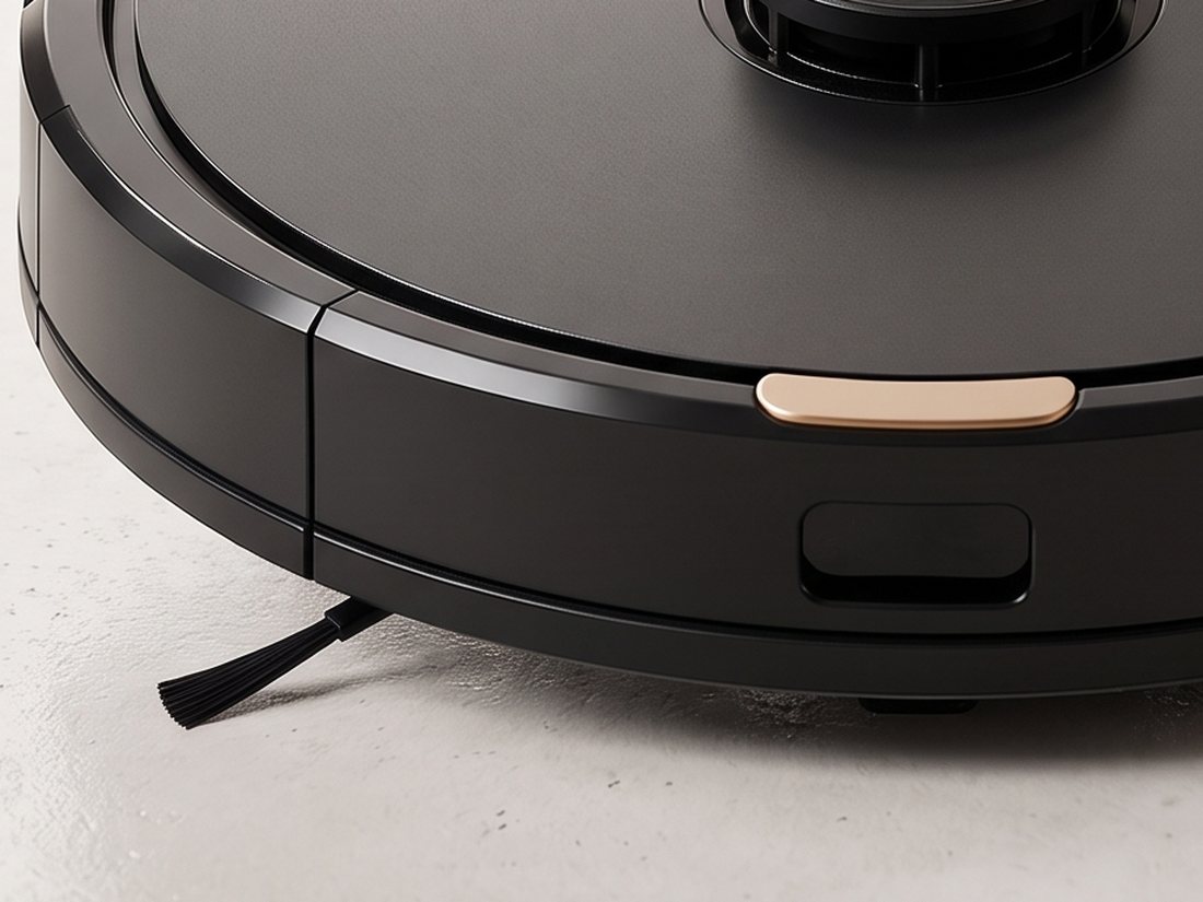 Close-up of the robot's front edge and a side brush reaching the floor