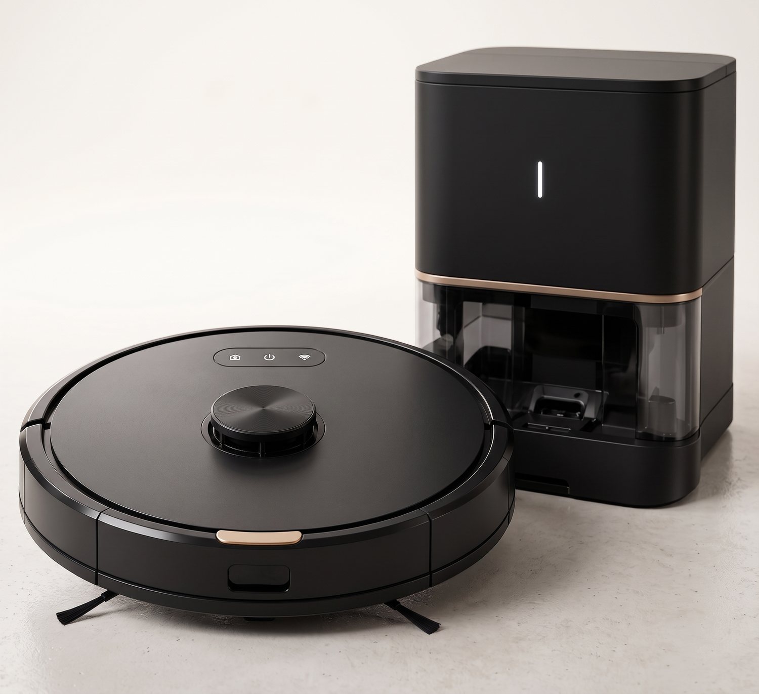 Black Orvel robot vacuum on the floor beside its self-emptying dock