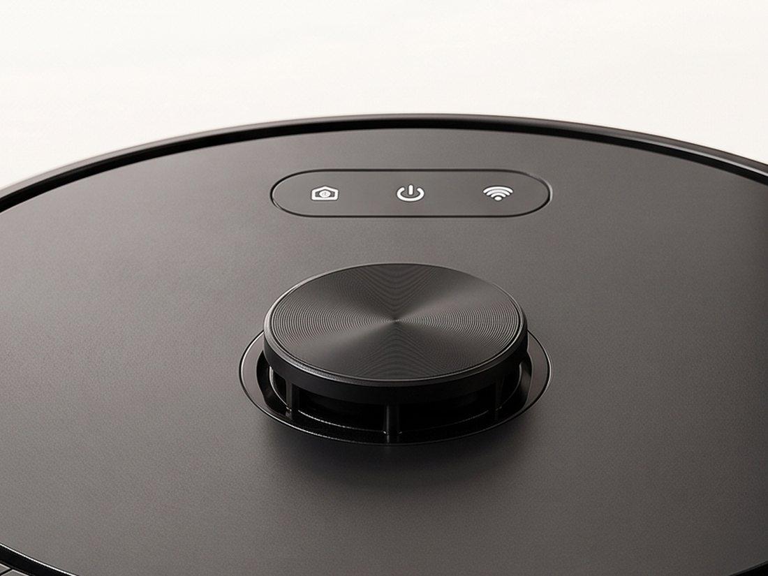 Close-up of the laser sensor and the three control buttons on top of the robot